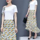 Set: Cutout Shoulder Short-sleeve T-shirt + Printed Midi Skirt