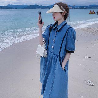 Short-sleeve Henley Contrast Trim Denim Shirt Dress