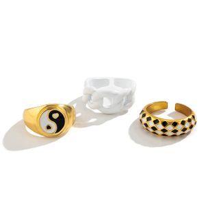 Set Of 3: Chunky / Yin And Yang / Chunky Chain Alloy Ring Gold - One Size