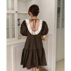 Puff-sleeve Round Neck Ruffle Trim Lace Up Two-tone A-line Dress