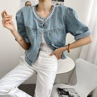 Bead-neckline Denim Jacket Blue - One Size