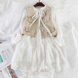 Set: Tie Neck Long-sleeve Chiffon Dress + Contrast Trim Tweed Vest