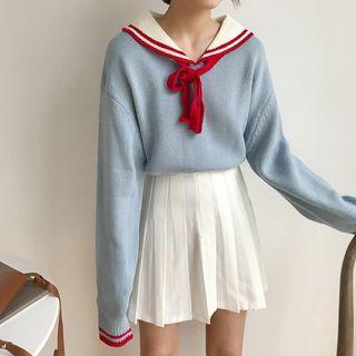 Contrast Trim Collared Tie-neck Sweater