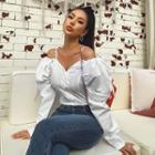 Off-shoulder Tie-detail Puff-sleeve Blouse