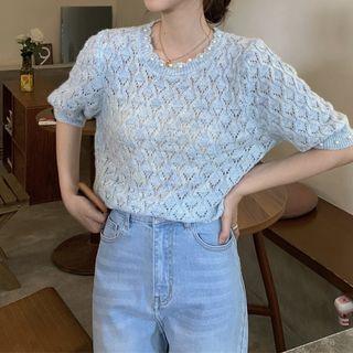 Puff-sleeve Faux Pearl Pointelle Knit Top