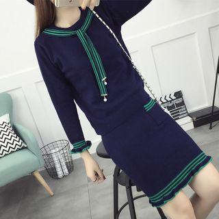 Set: Tie-front Sweater + Pocket-accent Knit Skirt