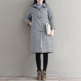 Plaid Frog-button Long Padded Coat