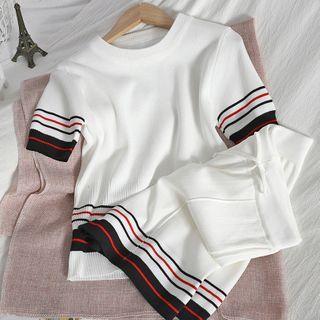 Set: Short-sleeve Striped Knit Top + Shorts
