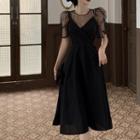 Puff-sleeve Mesh Top / Spaghetti-strap Midi A-line Dress