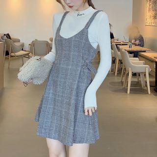 Mock Neck Knit Top / Plaid Strappy A-line Dress