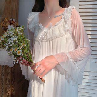 Bell-sleeve Ruffled Mesh Sleep Dress White - One Size