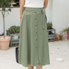 Button-front Tie-waist Long Flare Skirt