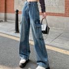 High Waist Washed Cargo Loose-fit Jeans
