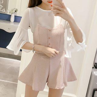Set: Bell-sleeve Chiffon Top + Plaid Camisole Top + Wide Leg Shorts