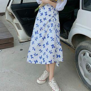 Floral Print Drawstring Midi A-line Skirt White - One Size