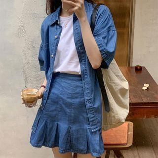 Set: Short-sleeve Denim Shirt + A-line Skirt