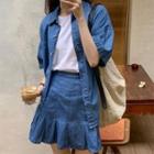 Set: Short-sleeve Denim Shirt + A-line Skirt