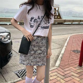 Cartoon Print Short-sleeve T-shirt / Floral Print A-line Mini Skirt