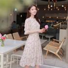 Frill-neck Pleated Long Floral Dress