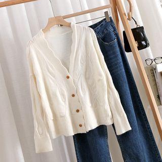 V-neck Plain Cardigan Almond - One Size