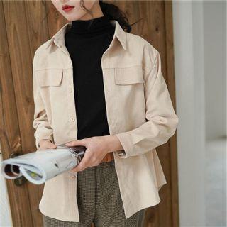 Plain Button-up Oversize Shirt Almond - One Size