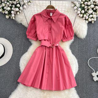 Short Sleeve Plain A-line Shirt Dress