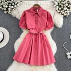 Short Sleeve Plain A-line Shirt Dress