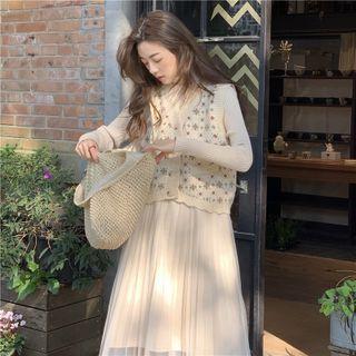 Long-sleeve Mock-neck Mesh Panel Midi A-line Dress / Button-up Sweater Vest