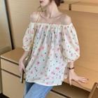 Short-sleeve Off-shoulder Cherry Pattern Top Almond - One Size