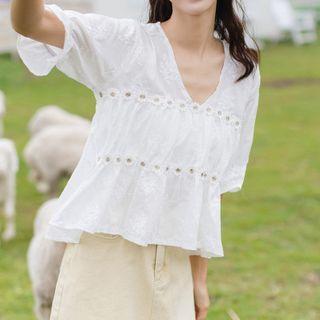 V-neck Ruffle Trim Embroidered Crop Top