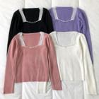 Plain Lace-trim Square-neck Long-sleeve Knit Top