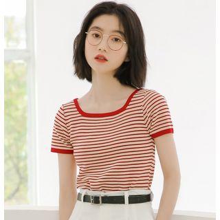 Short-sleeve Striped Knit Top Red - One Size