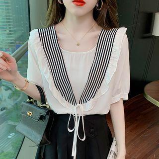 Ruffle Trim Striped Panel Blouse
