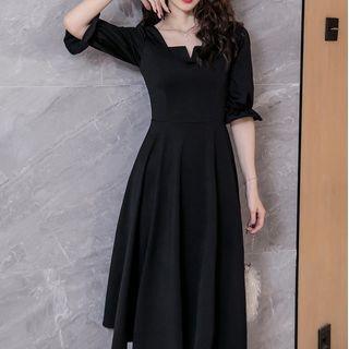 Puff-sleeve Notched Neck Midi Dress