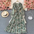 Long Sleeve V-neck Leaf Print Maxi Dress