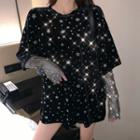 Mock Two-piece Long-sleeve Rhinestone T-shirt Black - One Size