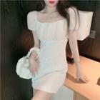 Puff-sleeve Square Collar Panel Mini Sheath Dress