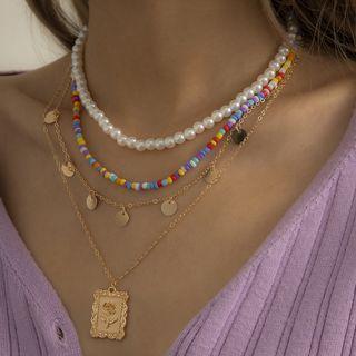 Rose Pendant Faux Pearl Bead Layered Necklace X01933 - Gold - One Size