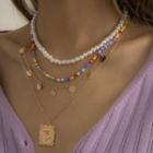Rose Pendant Faux Pearl Bead Layered Necklace X01933 - Gold - One Size