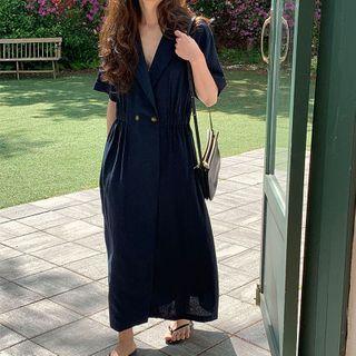 V-neck Short-sleeve Midi A-line Dress Dark Blue - One Size