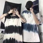 Tie-dye Print Letter Embroidered Elbow-sleeve T-shirt
