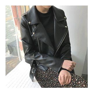 Faux-leather Belted-hem Biker Jacket