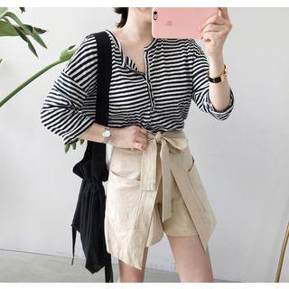Drop-shoulder 3/4-sleeve Striped Henley