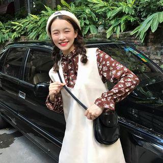 Floral Print Long-sleeve A-line Midi Dress / V-neck Pinafore Dress
