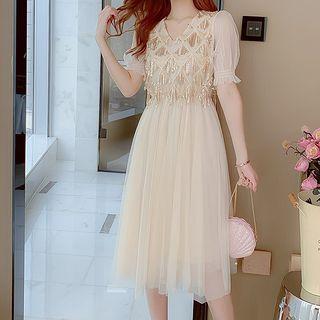 Short-sleeve Sequined Mesh-panel Dress