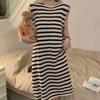 Sleeveless Striped Knit Midi A-line Dress Stripes - Black & White - One Size