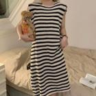 Sleeveless Striped Knit Midi A-line Dress Stripes - Black & White - One Size