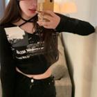 Long-sleeve Halter-neck Lettering Cropped T-shirt