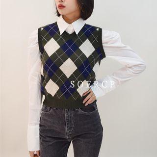 V-neck Argyle Cropped Sweater Vest Army Green - One Size