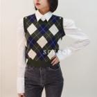 V-neck Argyle Cropped Sweater Vest Army Green - One Size
